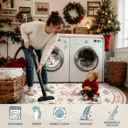 Lahome 4ft Round Christmas Rug - Reindeer Sleigh Design, Beige