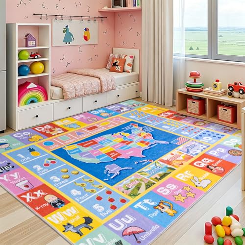 Educational Kids Playroom Rug, 3x4 ft Non-Slip ABC Alphabet & World Map Mat