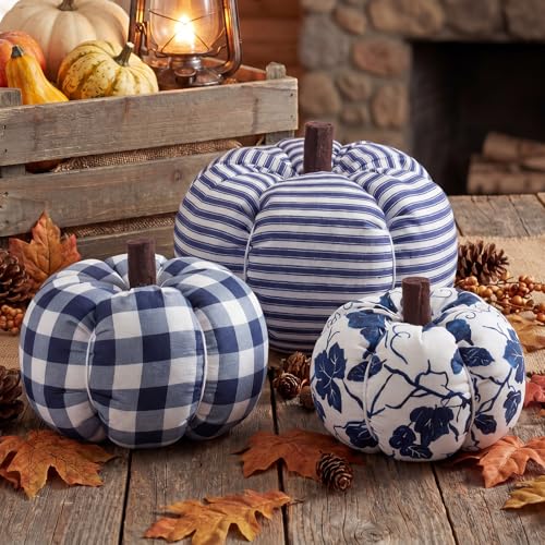 3-Piece Blue and White Fabric Pumpkin Set for Farmhouse Fall Decor