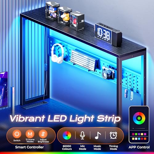 L-Shaped Gaming Desk with LED Lights, Power Outlets, and Pegboard