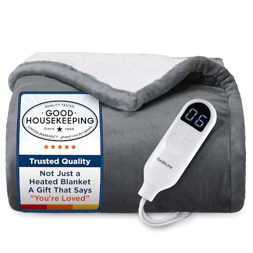 Bedsure Grey 50x60 Heated Throw Blanket with Preheat & 6 Heat Settings - Soft Flannel & Sherpa, Safe Auto Shut-Off