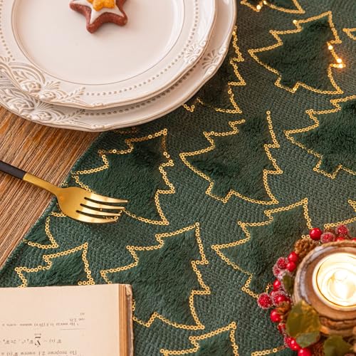 AQOTHES Green Tree Sequin Christmas Table Runner 13x72 Inches