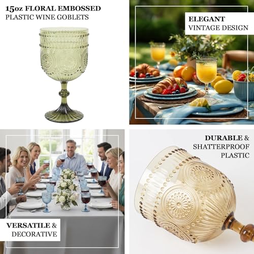 12-Pack 15oz Vintage Embossed Plastic Wine Goblets - Dusty Blue Shatterproof