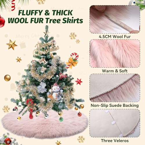 PARTTELY 36 Inch Pink Wool Fur Christmas Tree Skirt Thick Plush Holiday Decor