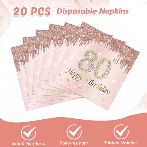 80th Birthday Decorations Rose Gold Party Supplies - 20 Plates & Napkins - Girl Women