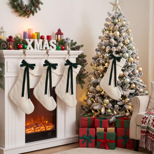 4 Pcs Linen 18in Christmas Stockings with Velvet Green Bow – Farmhouse Holiday Set
