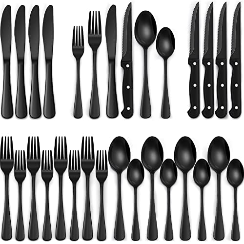 24-Piece Black Silverware Set with Steak Knives, Stainless Steel Cutlery for 4