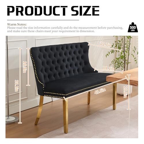 Black Velvet Dining Bench with Back & Gold Stainless Steel Legs - Shenyon, Tufted Banquette Seating, Modern Home Decor