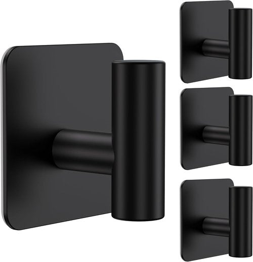 Aikzik Heavy Duty Wall Hooks - 26lb Max Stainless Steel Adhesive Towel & Coat Hooks | Matte Black, 4 Pack