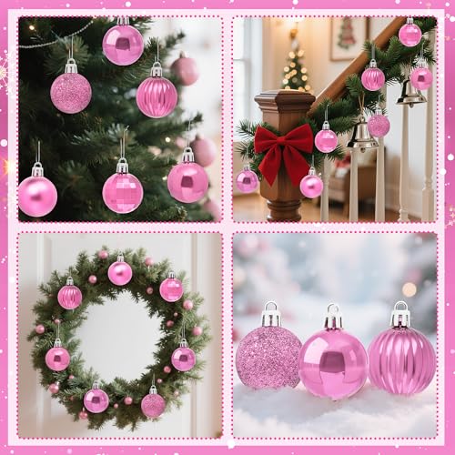Glavatrix Pink 36-Piece 1.6in Shatterproof Christmas Ball Ornaments - Matte/Gloss/Striped, with Hooks