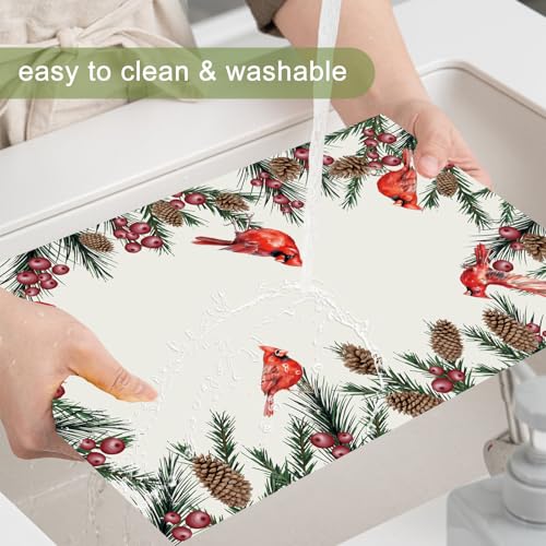 Winter Cardinal Linen Placemats Set of 4, Christmas Holiday Table Decor 12x18"