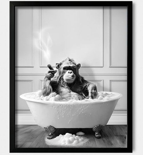 Chimpanzee in Bathtub Wall Art - Funny Framed Bathroom Decor | Black and White Animal Art (8"x10")