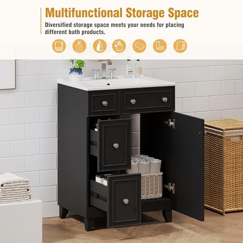 24-Inch Modern Bathroom Vanity Set with Ceramic Sink, 2 Drawers, 1 Door