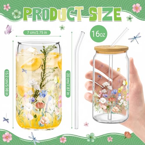 Floral Glass Cups with Bamboo Lids and Straws, 16oz Set of 4
