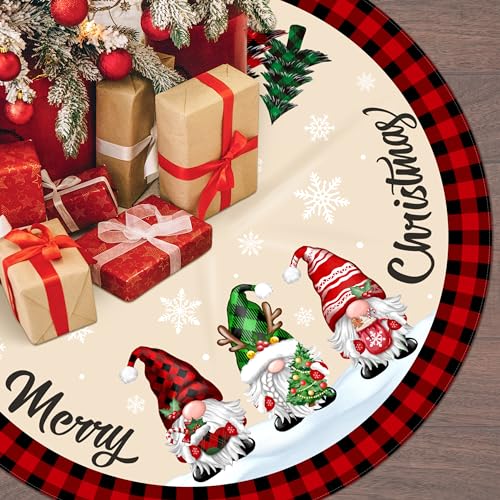 48-Inch Buffalo Plaid Christmas Tree Skirt with Gnome Decorations