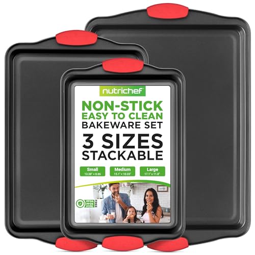 3-Piece Nonstick Cookie Sheet Set - Carbon Steel Baking Pans, Silicone Handles