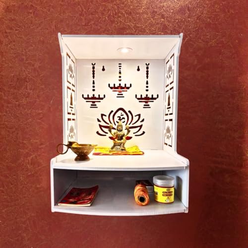Small White Wooden Wall Mounted Pooja Mandir with LED Light & Storage Shelf - DIY Home Temple