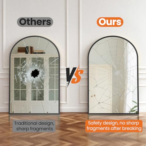 20" x 30" Arched Black Metal Wall Mirror with HD Shatterproof Glass
