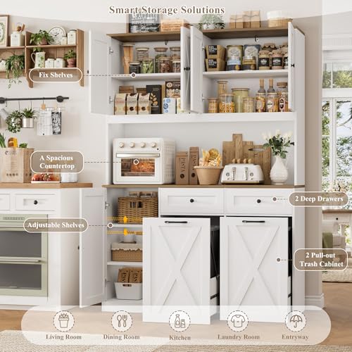 71" Kitchen Pantry Cabinet with Double Pull-Out Trash Can Storage, Farmhouse