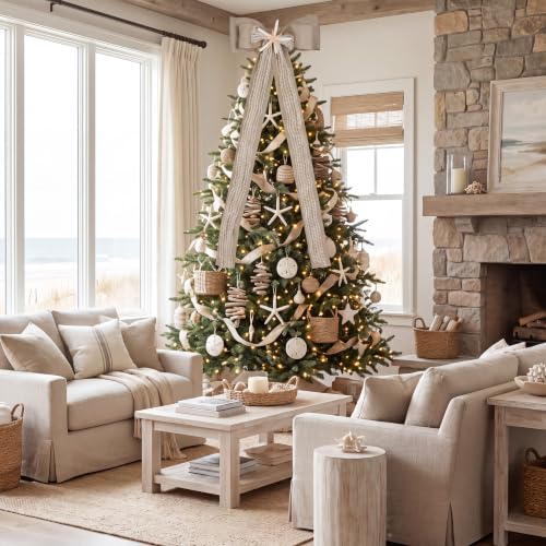 Dingion Giant Coastal Christmas Tree Topper Bow with Burlap & Starfish, 20 x 47 inches