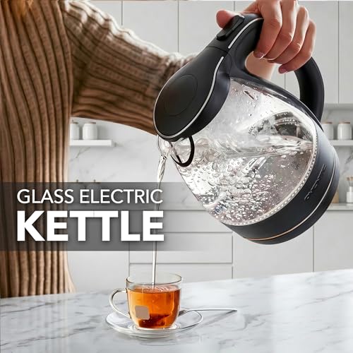 OVENTE 1.6 Quart Glass Electric Kettle with Blue LED, Black, Model KG83B