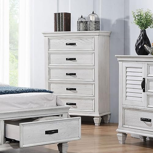 5-Drawer Farmhouse Bedroom Chest in Distressed White