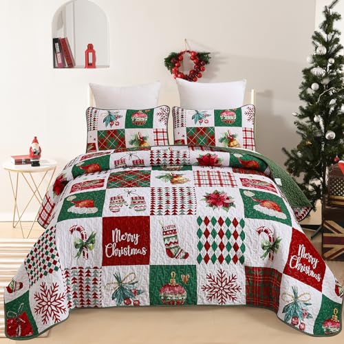 Mybedsoul King Size Christmas Quilt Set - Holiday Patchwork Bedding with Pillowcases