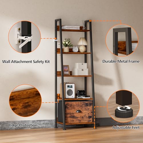 5-Tier Industrial Ladder Shelf with Fabric Drawer, Rustic Wood Bookshelf