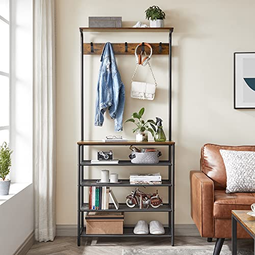 Industrial Hall Tree with Shoe Bench and Coat Rack, 5-Tier Entryway Organizer