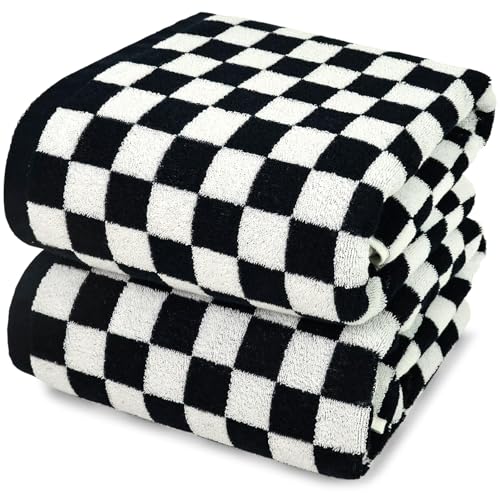 Black and White Checkered Cotton Bath Towels - 27.5" x 55" Set of 2