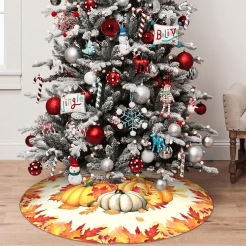Fall Pumpkin Christmas Tree Skirt - 30 Inch Farmhouse Holiday Tree Mat