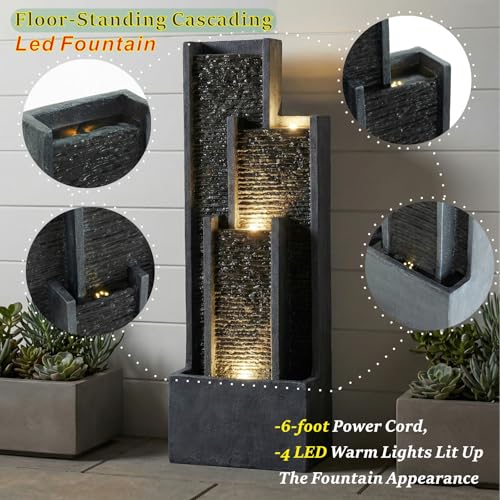 40-Inch Modern Outdoor Water Fountain with LED Lights for Garden & Patio