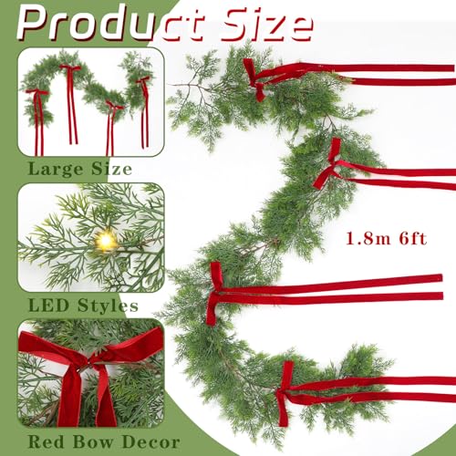 6 ft Christmas Garland with Lights - Battery Operated Pine Wreath with Bow