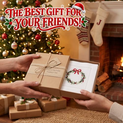 12 Pcs Linen Cocktail Napkins with Hemstitch Christmas Wreath Design - Holiday Table Decor