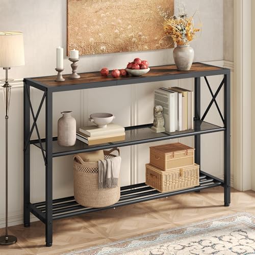 3-Tier Industrial Console Table with Shelves, Rustic Narrow Entryway Table