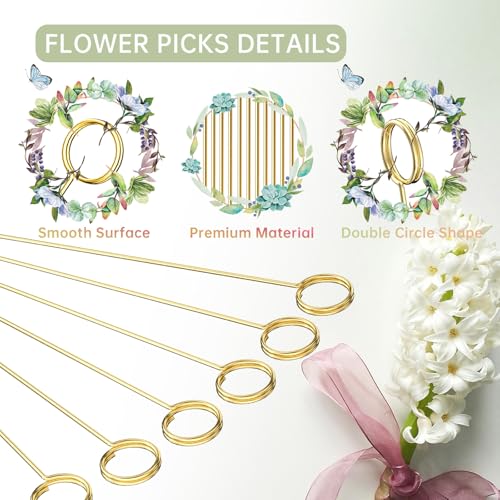 30 Pack Gold Floral Card Holder Picks, 13.4-Inch Metal Flower Picks