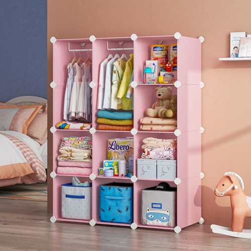 12-Cube Portable Kids Wardrobe, Modular Baby Closet Organizer (Pink)