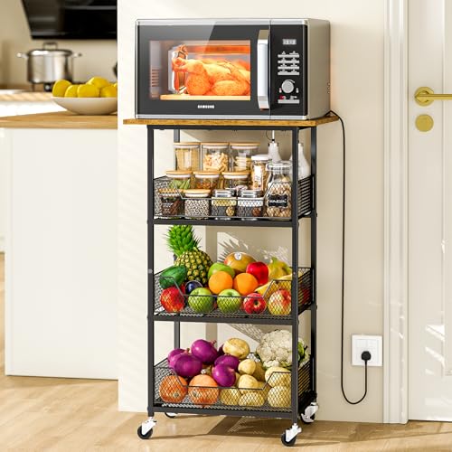 Rolling Microwave Cart with 3-Tier Storage Baskets and Shelving