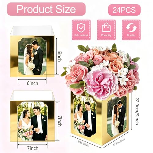 Gold 24-Piece Photo Centerpieces for Tables - Foldable 4-Sided Cardstock Boxes (4x6/5x7) with Hollow Center for Flowers - KANAZAY