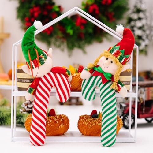 Elf Candy Cane Christmas Hanging Ornament - Plush Holiday Decor, Set of 2