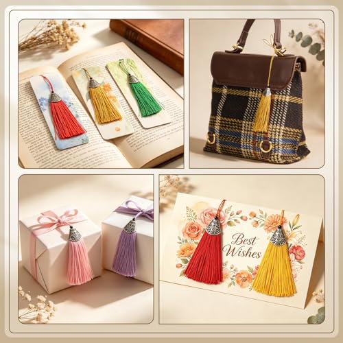 20pcs Boho Silk Tassel Charms with Antique Silver Caps for DIY Jewelry Craft