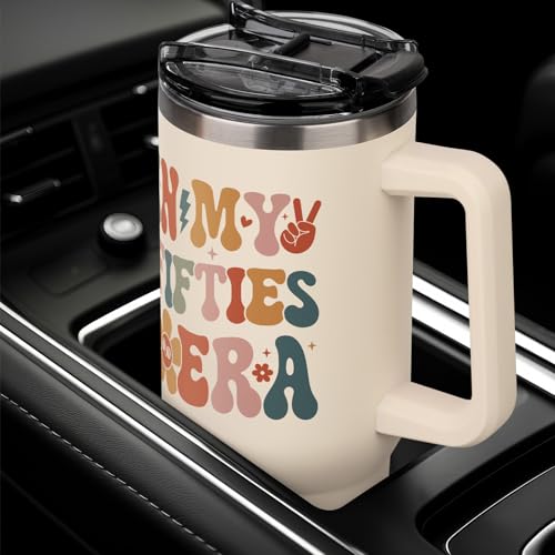 50th Birthday Gift Tumbler for Her - 40oz 50s Era Stainless Steel with Handle & Straw Lid