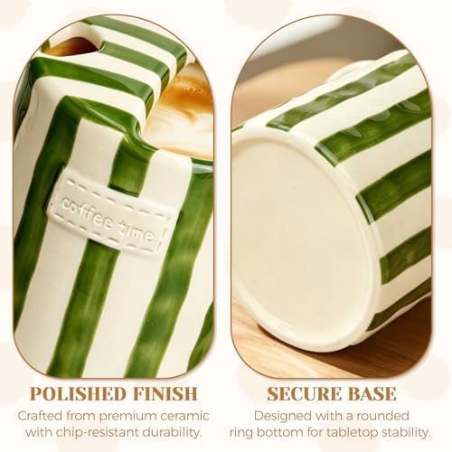 Alasynic Green Vintage Striped Ceramic Travel Mug 10oz - Cute Green Coffee Cup with Sip Hole