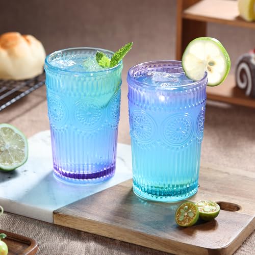 Loivttvv Lavender Dream 6pcs Vintage Ribbed Glass Drinking Set, 12 oz Cocktail & Water Glasses