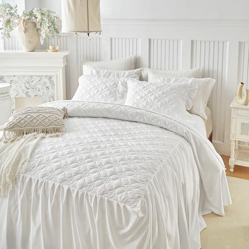 UOZZI BEDDING Queen Ruffle Skirt Bedspread Set - 30" Drop White Quilt