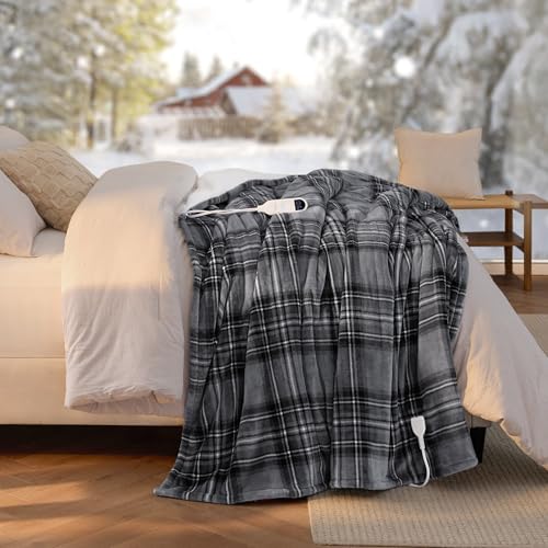 Grey Plaid Electric Heated Blanket, Twin Size Flannel Sherpa Throw