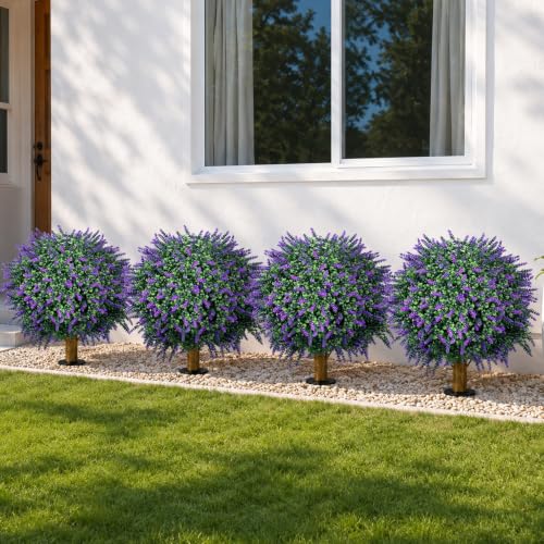 27" Artificial Lavender Topiary Bushes - UV Resistant Outdoor Shrubs, 2 Set