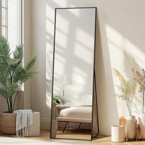 Full Length Floor Mirror with Stand - 56x15 Inch Black Aluminum Frame
