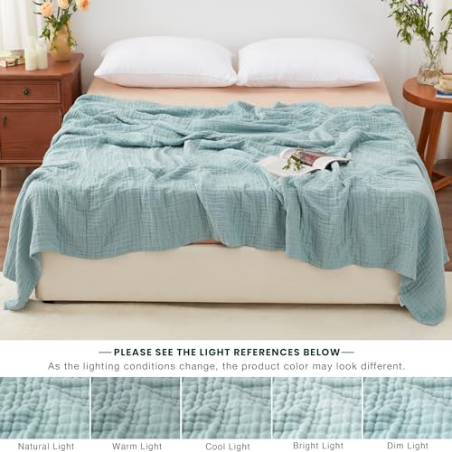 100% Cotton Muslin King Blanket - 6-Layer Lightweight Gauze Throw (Cyan)