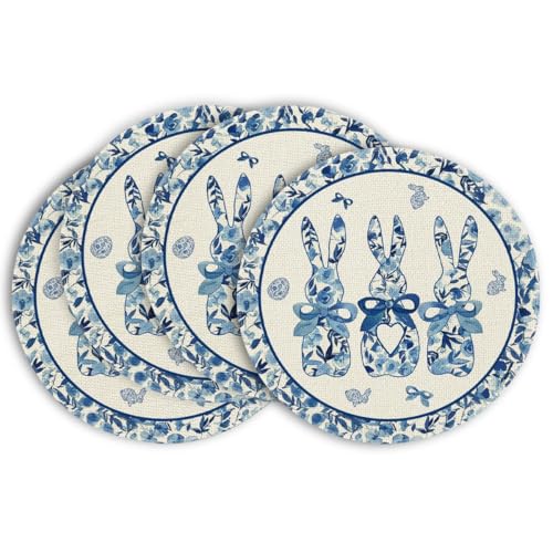 Artoid Mode Blue and White Porcelain Bunny Easter Placemats Set of 4, 14-Inch Round Spring Table Decor